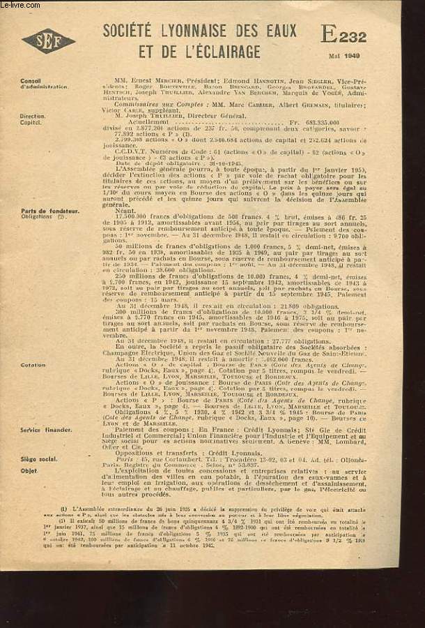 SOCIETE LYONNAIRE DES EAUX ET DE L'ECLAIRAGE. E 232.