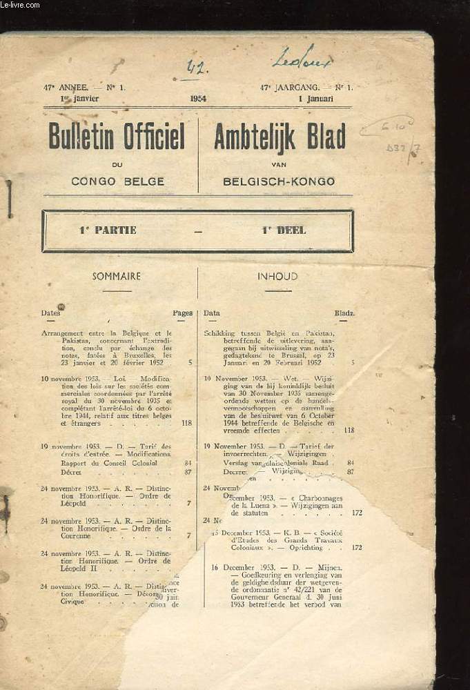 BULLETIN OFFICIEL DU CONGO BELGE. 30e ANNEE N1er JANVIER 1954. 47 EME ANNEE.