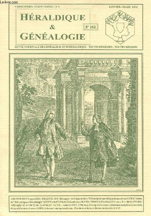 HERALDIQUE ET GENEALOGIE N162. XXXIV ANNEE. N1.TABLE ANALYTIQUE 2001. NOUVELLES DES CENTRES. A PROPOS. NOTICES. QUESTIONS. REPONSES