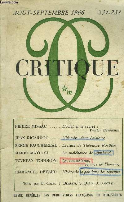 REVUE CRITIQUE / AOUT - SEPTEMBRE 1966 N231-232 - REVUE GENERALE DES PUBLICATIONS FRANCAISES ET ETRANGERES