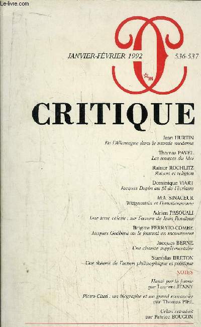 REVUE CRITIQUE - REVUE GENERALE DES PUBLICATIONS FRANCAISES ET ETRANGERES - N536-537 DE JANVIER-FEVRIER 1992