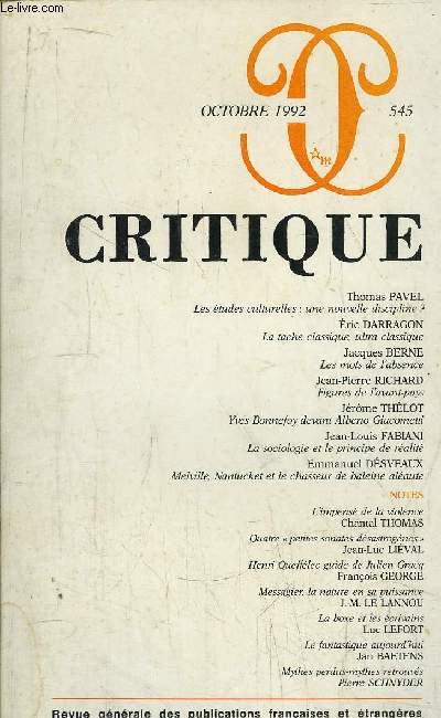 REVUE CRITIQUE - REVUE GENERALE DES PUBLICATIONS FRANCAISES ET ETRANGERES - N545 DE OCTOBRE 1992