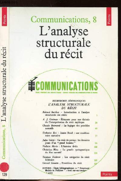 L'ANALYSE STRUCTURALE DU RECIT - COLLECTION POINTS LITTERATURE N129