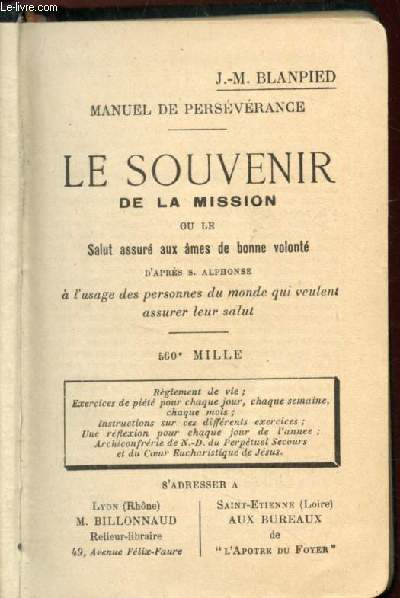 Manuel de persvrance - Le souvenir de la mission ou le salut assur aux mes de bonne volont