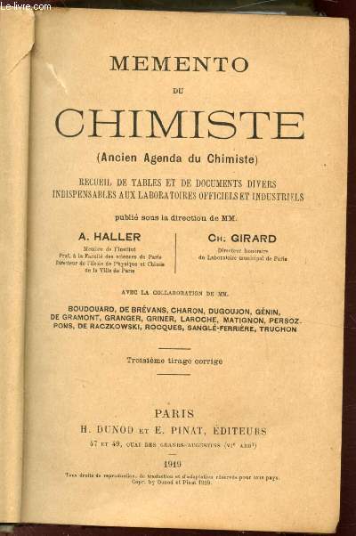 Mmento du chimiste - (ancien agenda du chimiste) - recueil de tables et de documents divers indispensables aux laboratoires officiels et industriels