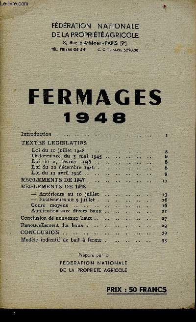 Fdration nationale de la proprit agricole - Fermages 1948