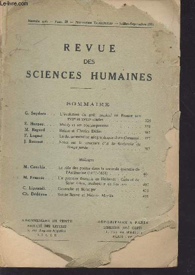 Revue des sciences humaines - fasc. n 79 - juillet-septembre 1955 - nouvelle revue - Sommaire : Mably et ses contemporains par E. Harpaz, la documentation gographique dans Germinal par M. Regard etc...