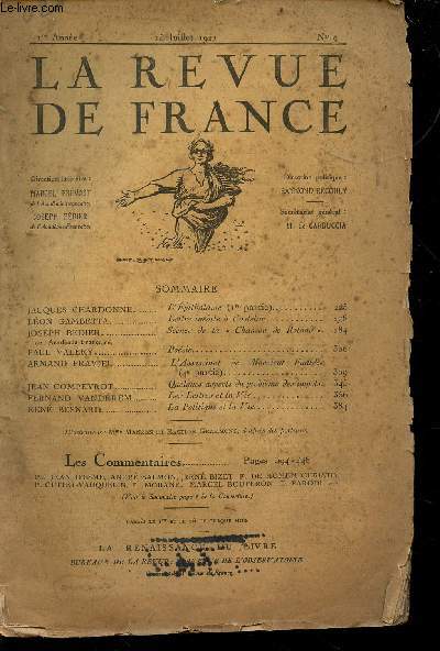 la revue de France n9 du 15 Juillet 1921 - 1re anne - Sommaire: l'pithalame (1re partie) par J. Chardonne, lettre indite  Castelar par Gambetta L., scnes de la 