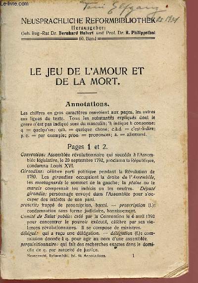 Le jeu de l'amour et de la mort - collection neusprachliche reformbibliothek