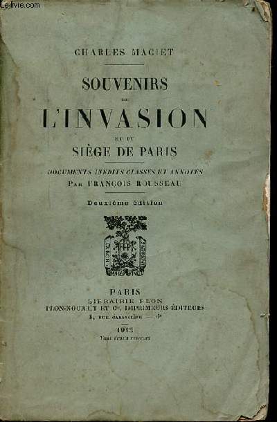 Souvenirs de l'invasion et du sige de Paris - 2e dition.