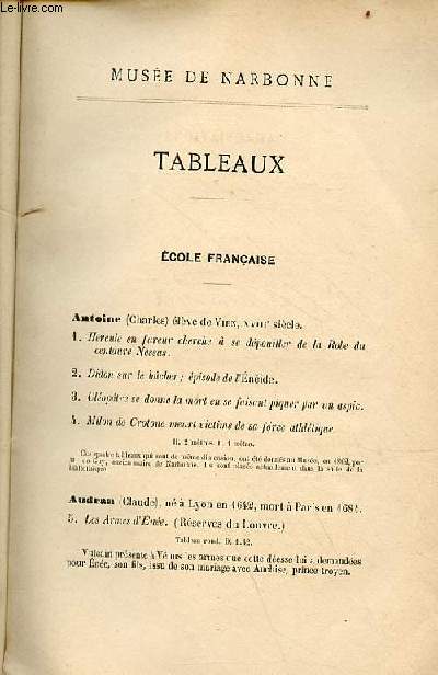 Catalogue du muse de Narbonne - objets d'arts et de cramique.