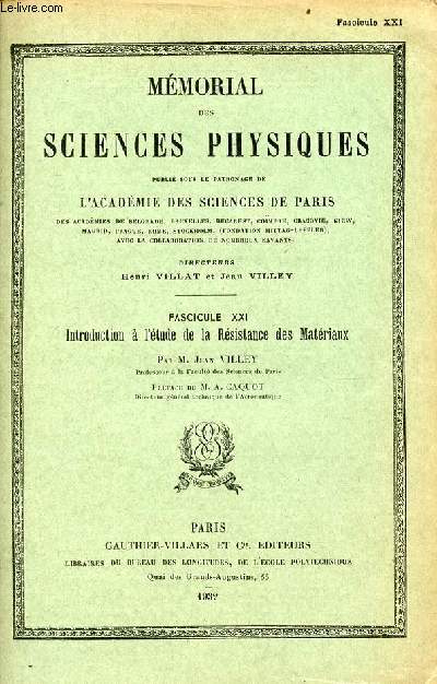 Mmorial des sciences physiques - Fascicule XXI : Introduction  l'tude de la rsistance des matriaux.