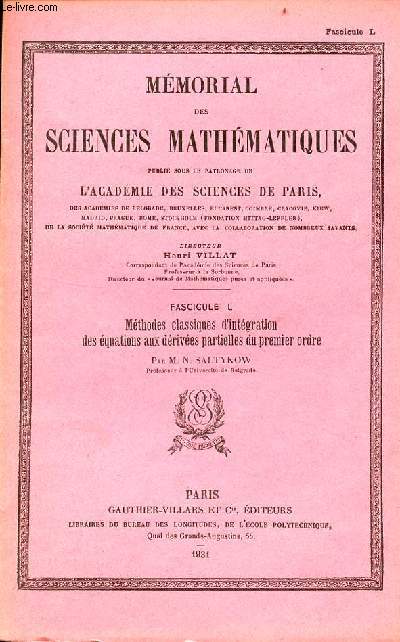 Mthodes classiques d'intgration des quations aux drives partielles du premier ordre - Mmorial des sciences mathmatiques fascicule L.