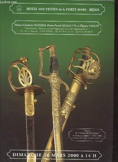 Catalogue de ventes aux enchres Importante collection d'armes blanches collection du Docteur Y.Hutin (1re partie) - Dimanche 26 mars 2000.