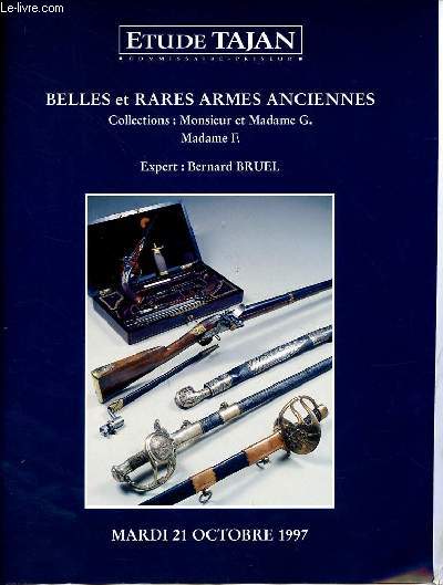 Catalogue de ventes aux enchres Belles et rares armes anciennes collections : Monsieur et Madame G. Madame F. - Paris Htel Drouot salle 7 le mardi 21 octobre 1997.