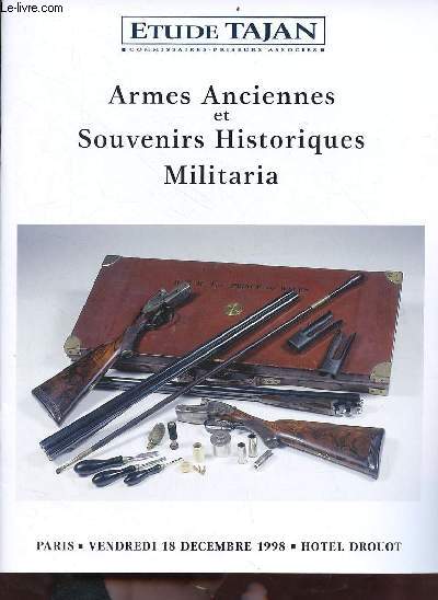Catalogue de ventes aux enchres Armes anciennes et souvenirs historiques militaria - Hotel Drouot vendredi 18 dcembre 1998.