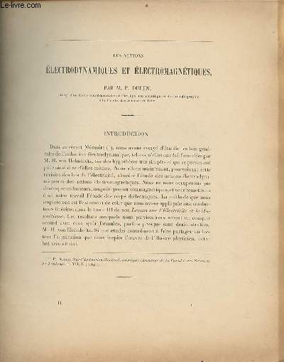 Tir  part des annales de la facult des sciences de Toulouse T.7 1893 - Les actions lectrodynamiques et lectromagntiques par M.P.Duhem.
