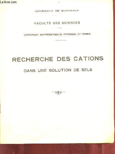 Recherche des cations dans une solution de sels - Universit de Bordeaux facult des sciences certificat mathmatiques, physique et chimie.