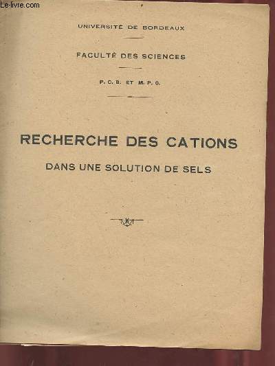 Recherche des cations dans une solution de sels - Universit de Bordeaux - facult des sciences - P.C.B. et M.P.C.