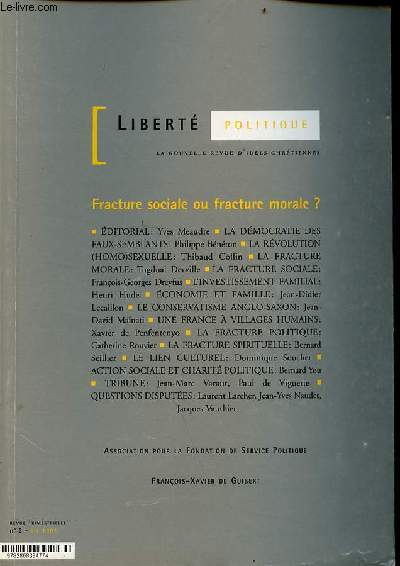 Libert politique la nouvelle revue d'ides chrtiennes n2 t 1997 - Fracture sociale ou fracture morale ?