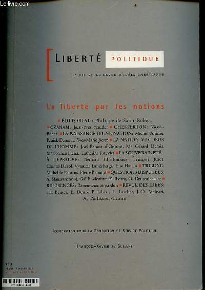 Liberté politique la nouvelle revue d'idées chrétienne n°3 automne 1997/1998 - La liberté par les nations.