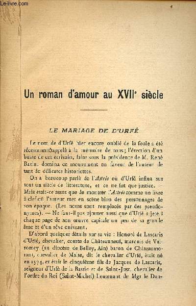 Un roman d'amour au XVIIe sicle : Le mariage d'Urf.