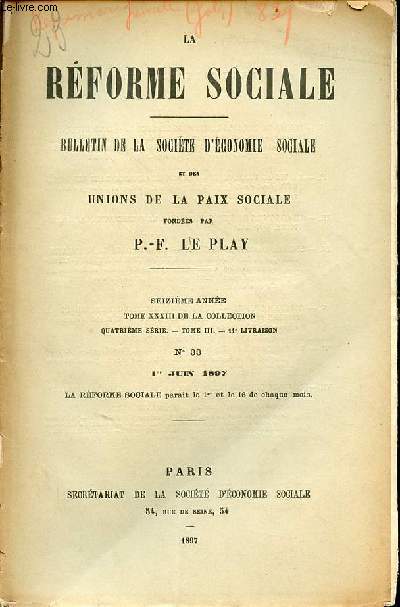 La rforme sociale n33 16e anne tome XXXIII de la collection 4e srie tome 3 11e livraison 1er juin 1897 - Comit de dfense et de progrs social allocution de M.Georges Picot - la vie au transvaal le cafre ouvrier dans les mines d'or dernier article...