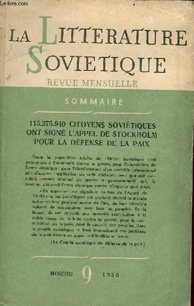 La littrature sovitique n9 1950 - A propos du marxisme en linguistique par Staline - quelques problmes de linguistique par Staline - rponse  des camarades par Staline - chez nous c'est dj le matin par A.Tchakovski etc.