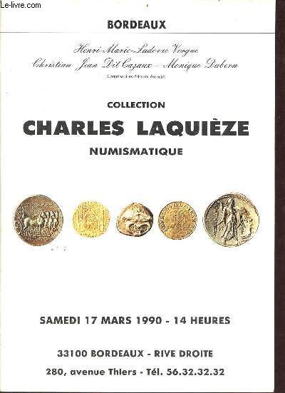 Catalogue de ventes aux enchres - Collection Charles Laquize numismatique - Samedi 17 mars 1990 14 heures 33100 Bordeaux rive droite.