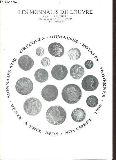 Catalogue novembre 1986 les monnaies du Louvre - monnaies d'or - grecques - romaines - royales - modernes.