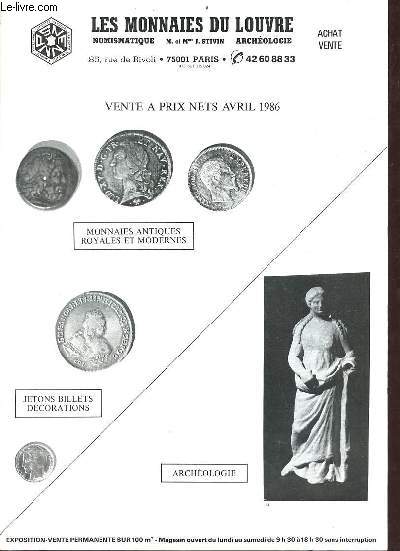 Catalogue avril 1986 les monnaies du Louvre - monnaies antiques royales et modernes - jetons billets dcorations - archologie.