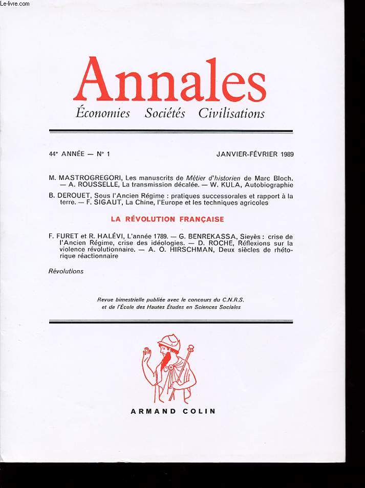 ANNALES 44e ANNEE N 1 LA REVOLUTION FRANCAISE. Mtier d historien. Histoire rural.