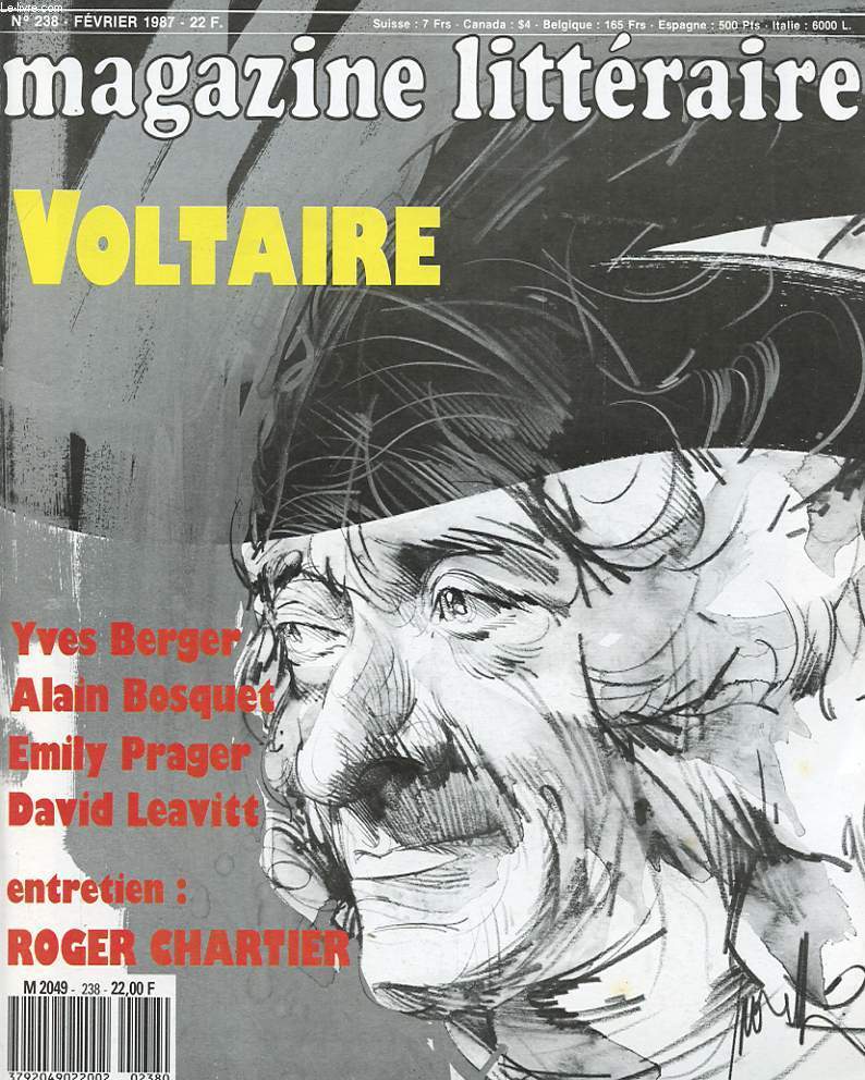 MAGAZINE LITTERAIRE n 238 Fevrier 1987 : Voltaire- Yves Berger. Alain Bosquet. Emily Prager David Leavitt. Entretien de Roger Chartier.