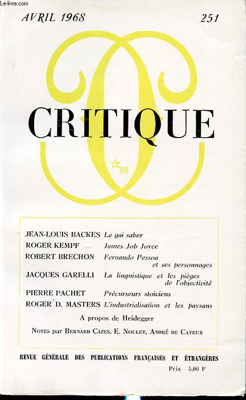 CRITIQUE N251 : Le gai saber - James Joyce Bob - Fernando Pessoa et ses personnages...