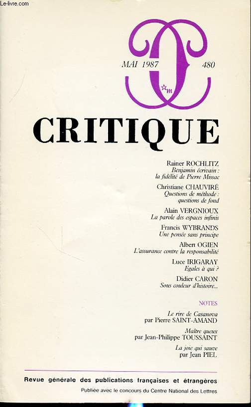 CRITIQUE N480 : Rainer Rochlitz - Benjamin crivain : la fidelit de Pierre Missac....