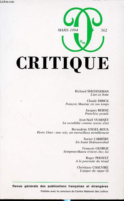 CRITIQUE N562 : Richard Shusterman - L art en boite...