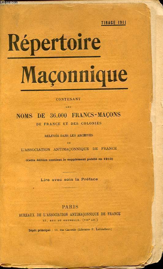 REPERTOIRE MACONNIQUE CONTENANT LES NOMS DE 36000 FRANCS MACONS DE FRANCE ET DES COLONIES