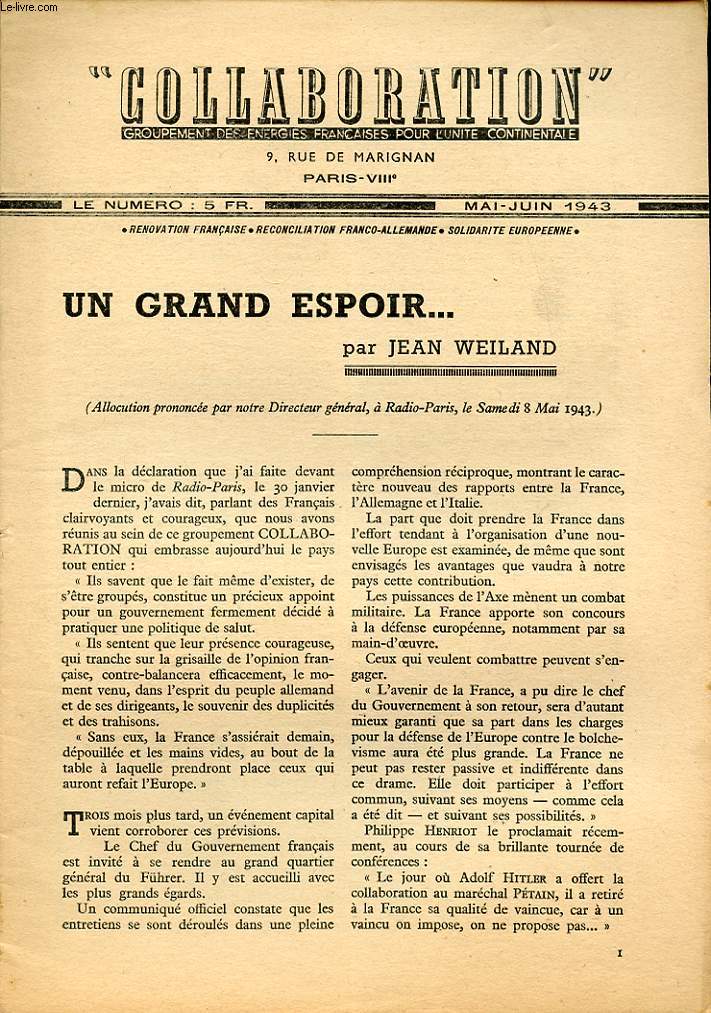 COLLABORATION MAI JUIN 1943 : UN GRAND ESPOIR...
