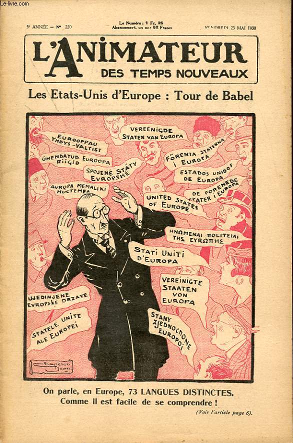 L ANIMATEUR DES TEMPS NOUVEAUX N 220 23 mai 1930 / Les etats unis d europe : Tour de Babel