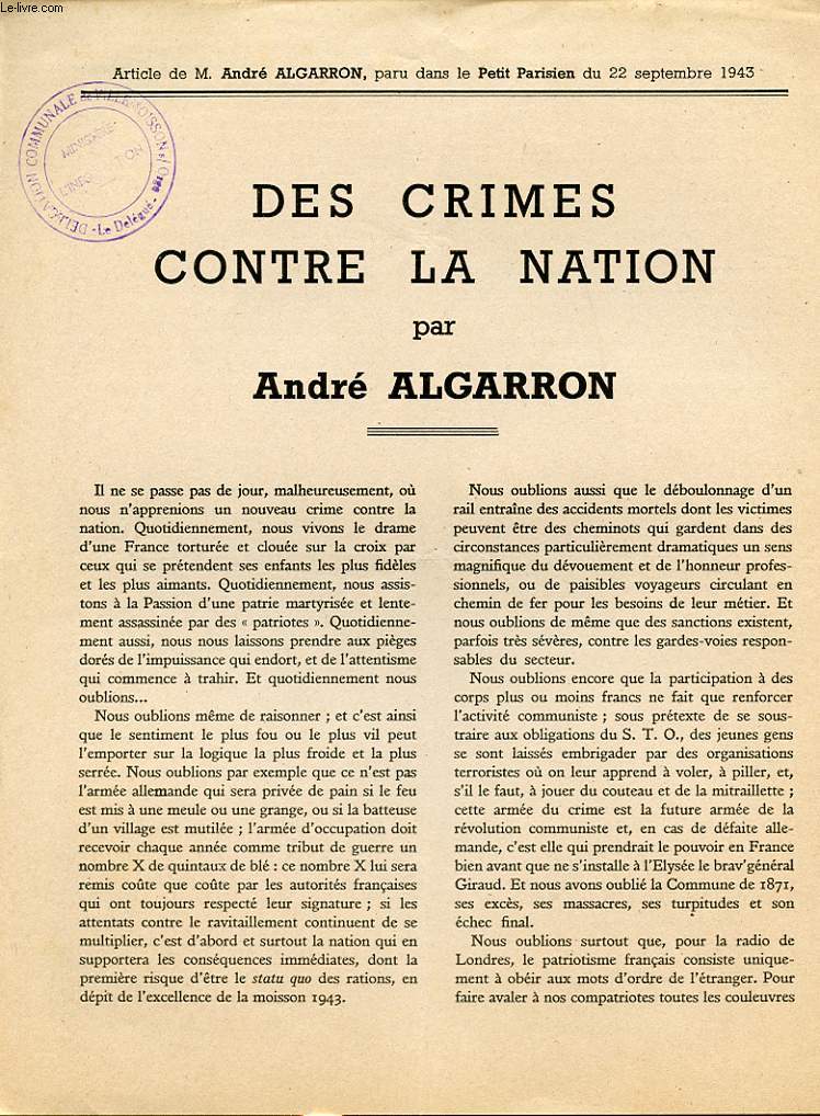 DES CRIMES CONTRE LA NATIONS PAR ANDRE ALGARRON