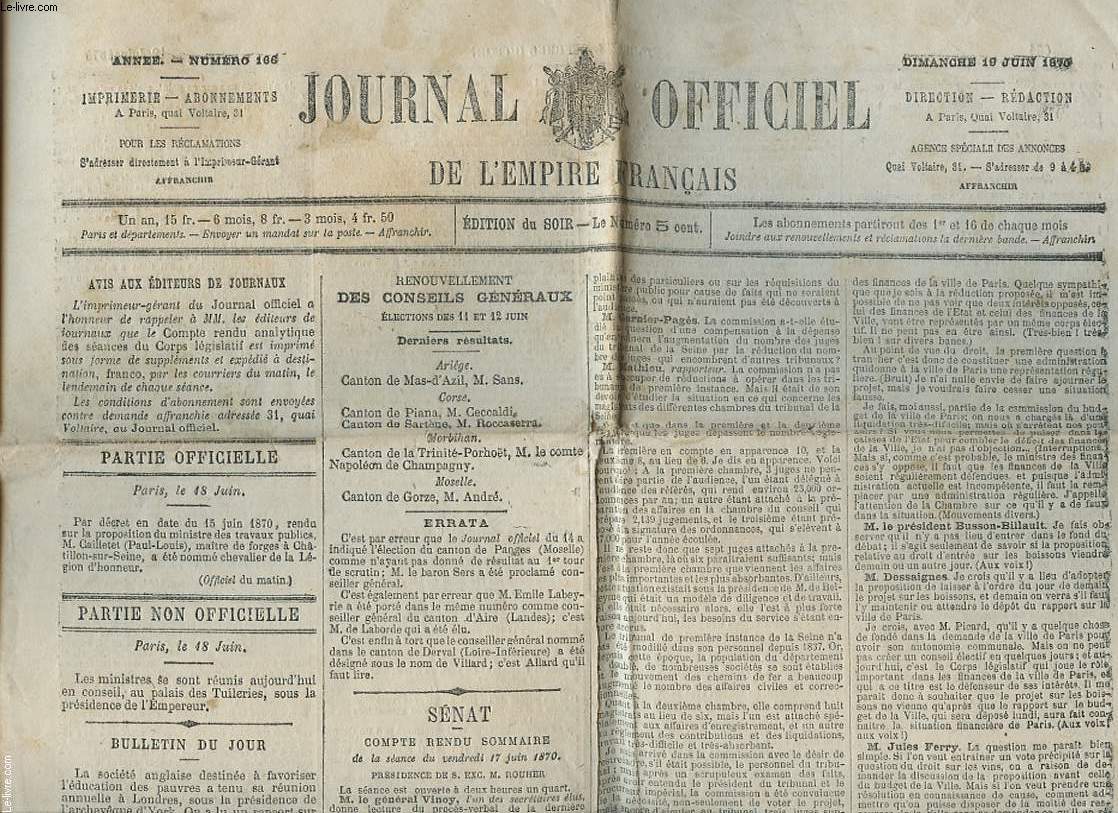 JOURNAL OFFICIEL DE L EMPIRE FRANCAIS N 166 DIMANCHE 19 JUIN 1870