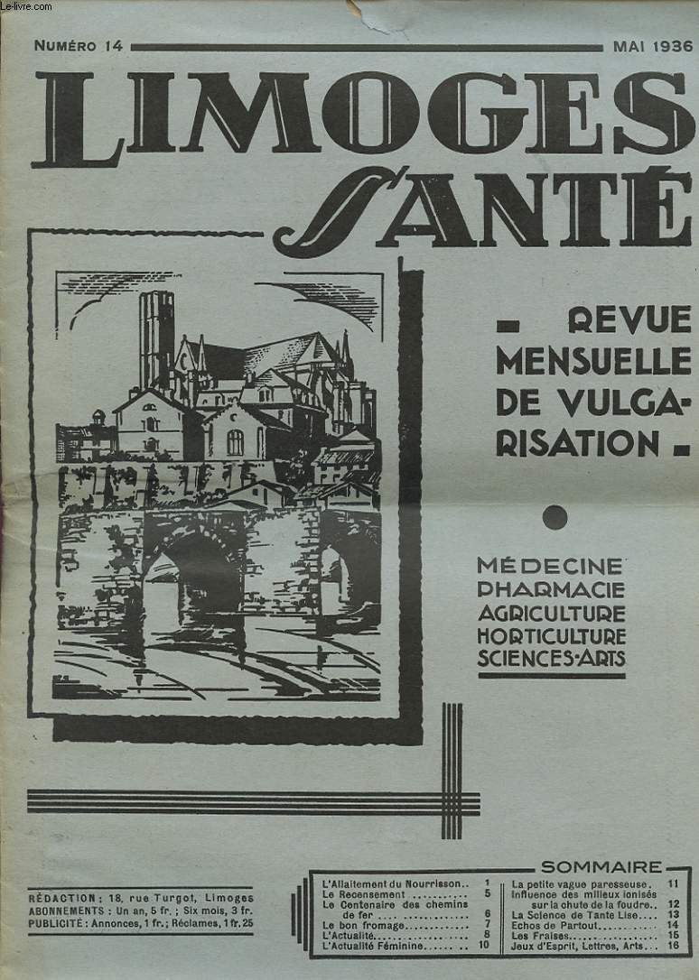 LIMOGES SANTE N14 1936 REVUE MENSUELLE DE VULGARISATION - MEDECINE PHARMACIE AGRICULTURE HORTICULTURE SCIENCES ARTS