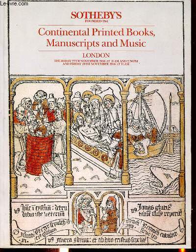 CATALOGUE DE VENTE AUX ENCHERES : CONTINENTAL PRINTED BOOKS, MANUSCRIPTS AND MUSIC