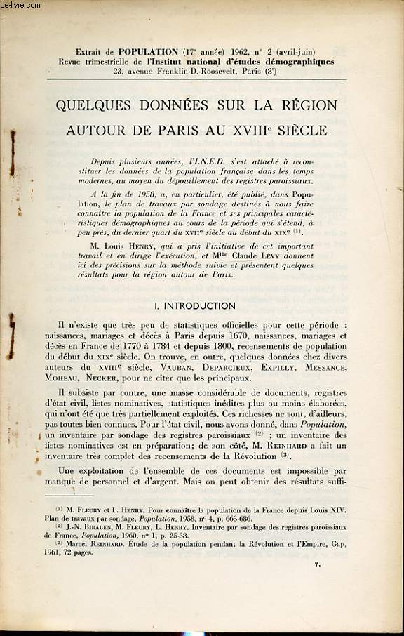 EXTRAIT DE POPULATION REVUE DE L INSTITUT NATIONAL D ETUDES DEMOGRAPHIQUES N2 QUELQUES DONNEES SUR LA REGION AUTOUR DE PARIS AU XVIII SIECLE