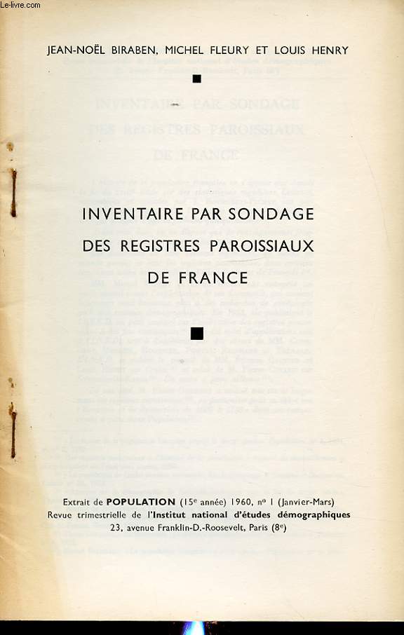 EXTRAIT DE POPULATION REVUE DE L INSTITUT NATIONAL D ETUDES DEMOGRAPHIQUES N1 INVENTAIRE PAR SONDAGE DES REGISTRES PAROISSIAUX DE FRANCE