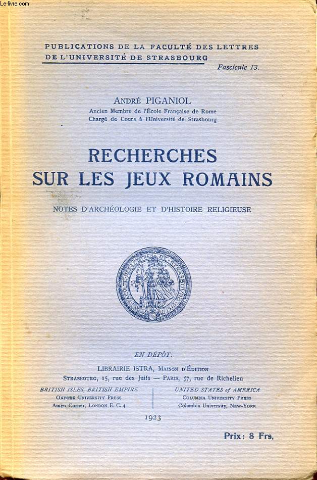 RECHERCHES SUR LES JEUX ROMAINS NOTE D ARCHEOLOGIE ET D HISTOIRE RELIGIEUSE