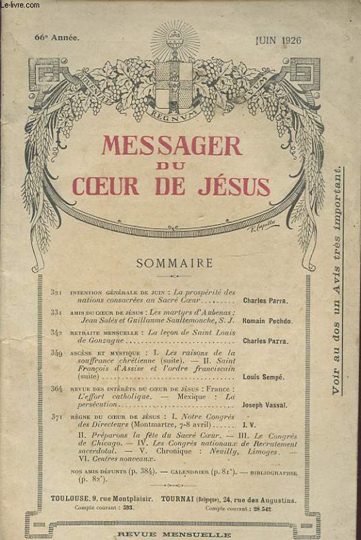 MESSAGER DU COEUR DE JESUS : LA PROSPERITE DES NATIONS CONSACREES AU SACRE COEUR... JUIN 1926