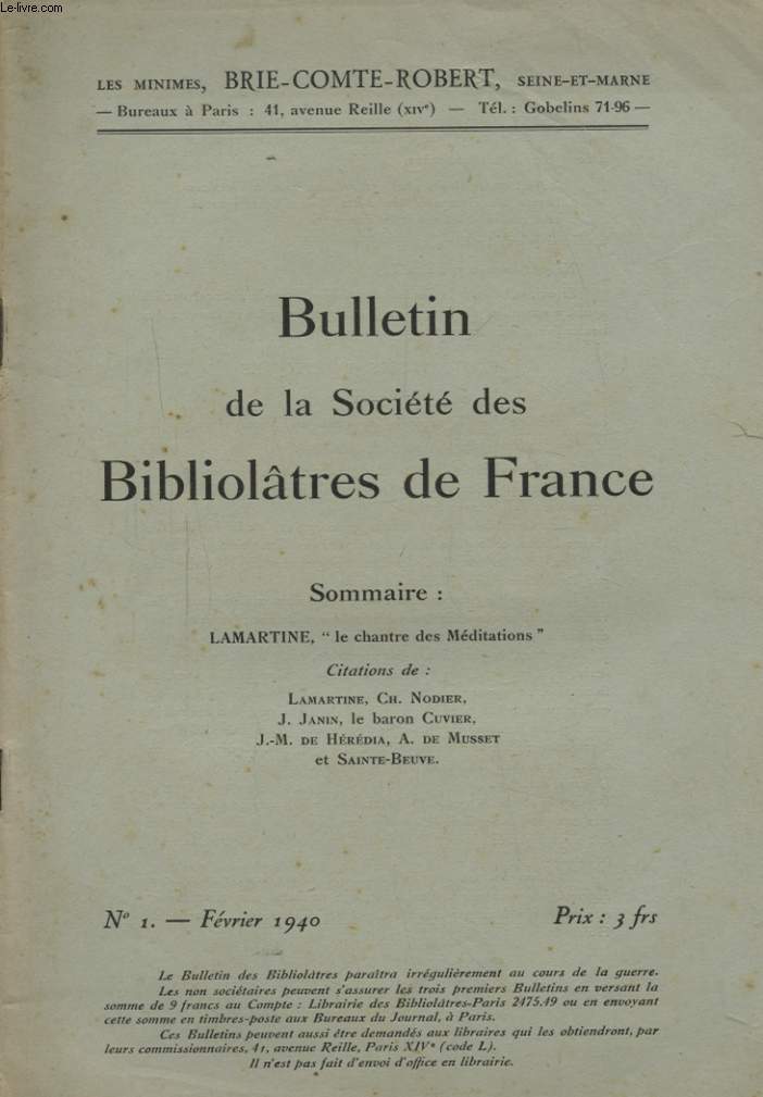 BULLETIN DE LA SOCIETE DES BIBLIOTHEQUES DE FRANCE N1 : LAMARTINE LE CHANTRE DES MEDITATION