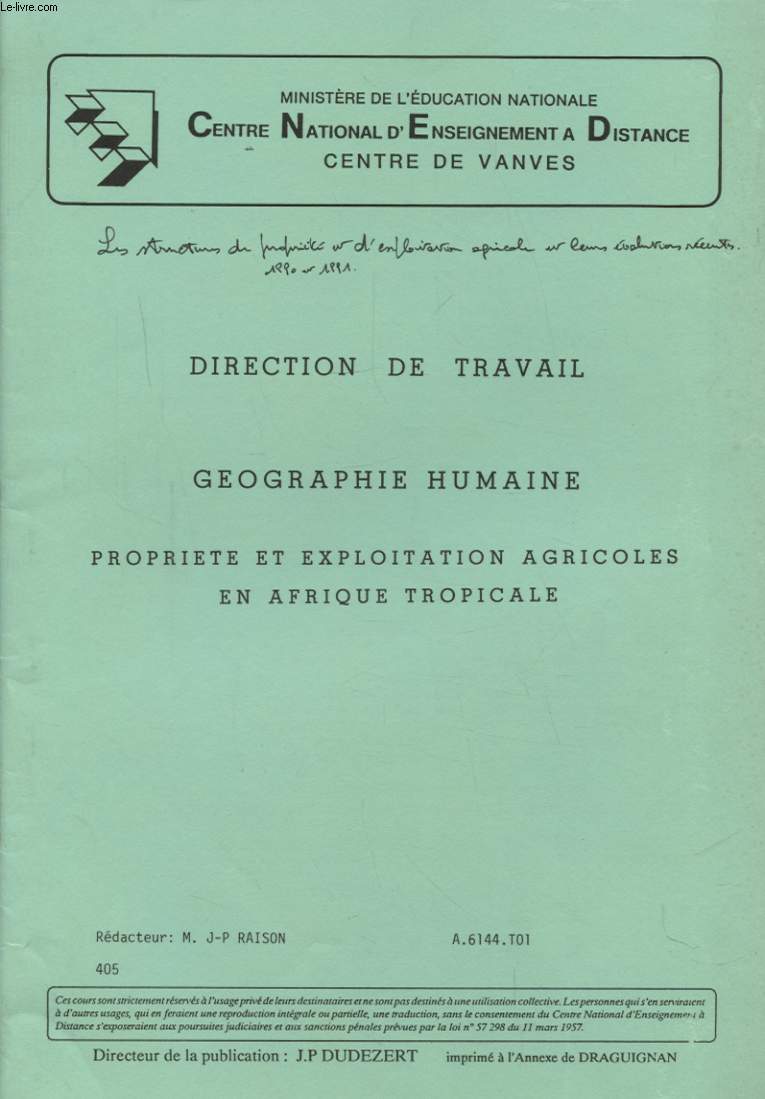 DIRECTION DE TRAVAIL GEOGRAPHIE HUMAINE PROPRIETE ET EXPLOITATION AGRICOLES EN AFRIQUE TROPICALE