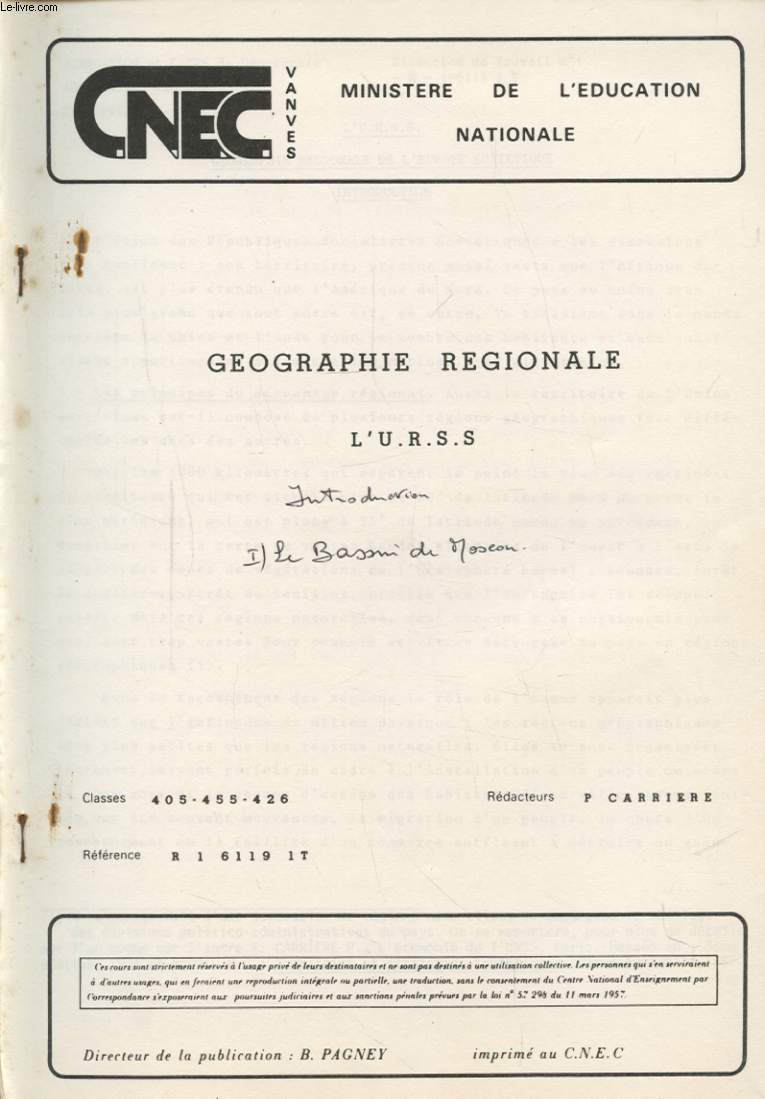 GEOGRAPHIE REGIONALE L U.R.S.S. CHAPITRE PREMIER - LE BASSIN DE MOSCOU